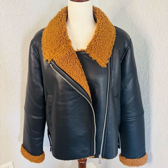 Rebecca Minkoff Faux Shearling Vegan Leather Moto Jacket, Black/Brown, Large NWT - Picture 16 of 16
